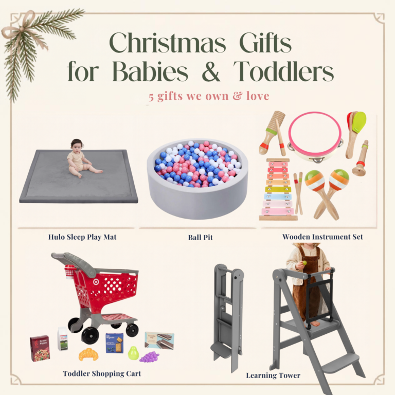Christmas gifts for babies and toddlers featuring a play mat, ball pit, wooden instrument set, toddler shopping cart and learning tower