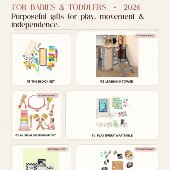15 Montessori inspired Christmas gifts for babies and toddlers featuring purposeful toys for play, movement and independence