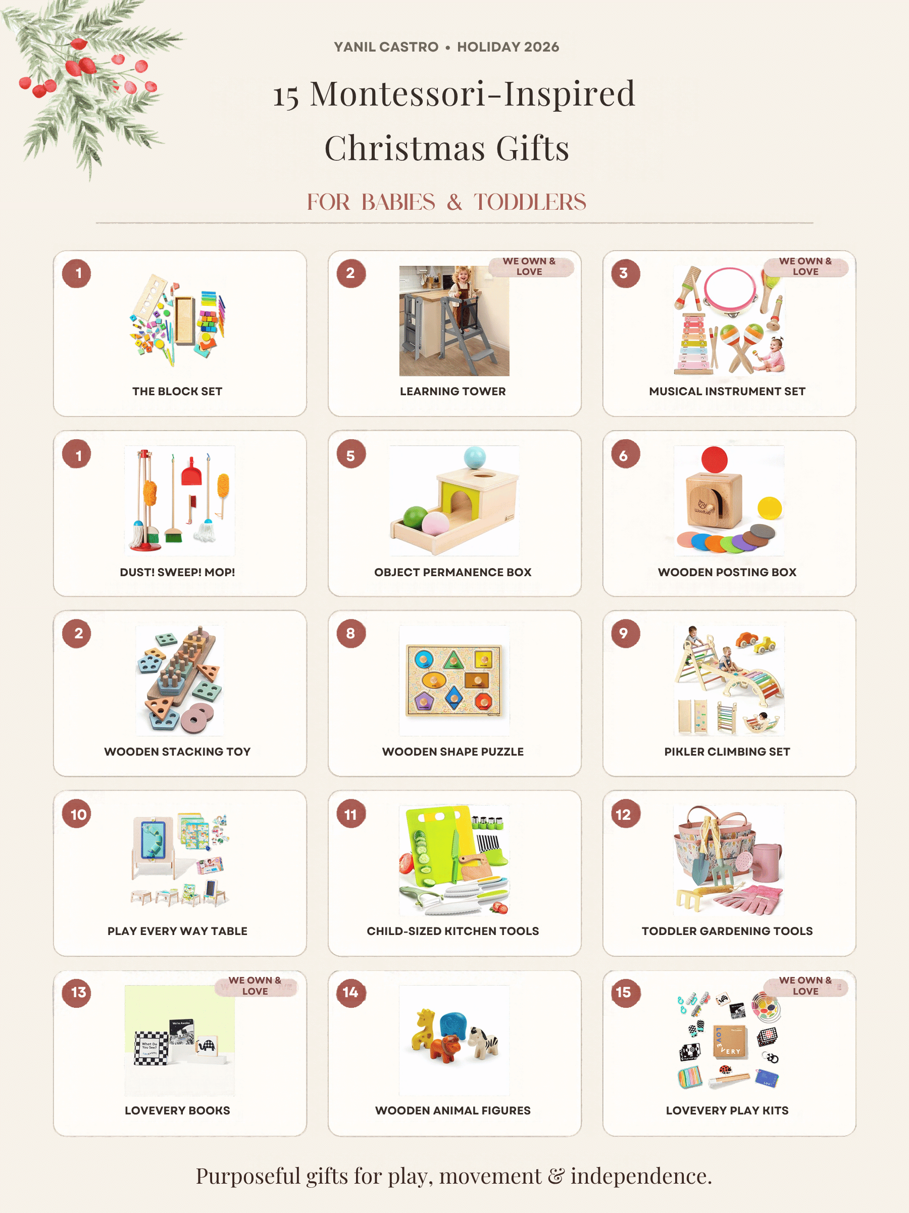 15 Montessori inspired Christmas gifts for babies and toddlers, including blocks, a learning tower, musical instruments, puzzles and practical-life toys